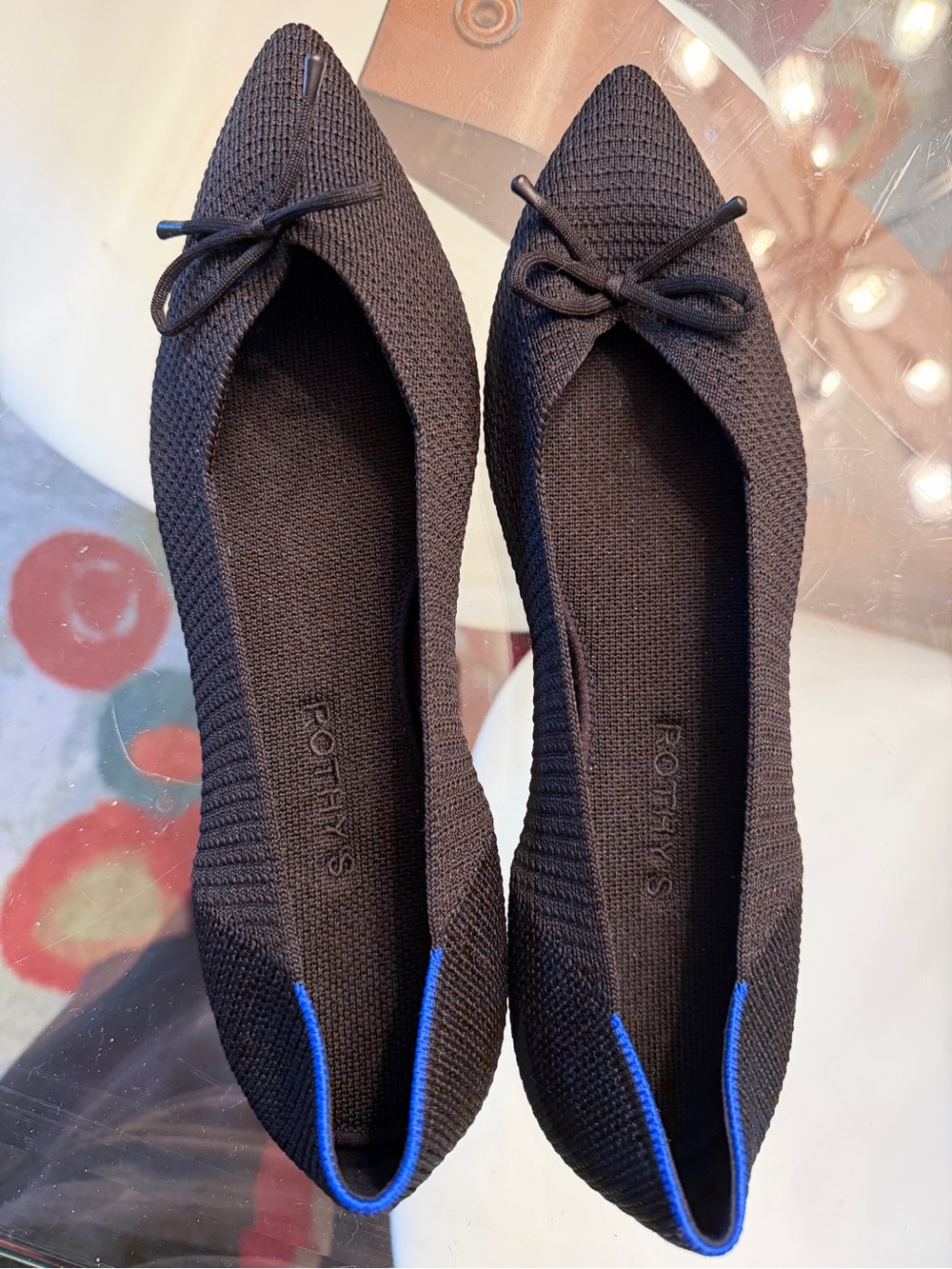 Rothy's Black Pointed Knit Ballet Flats with Blue Trim